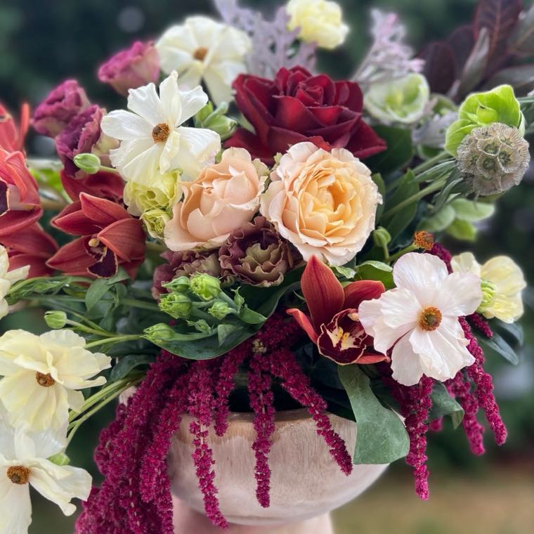 Close-up of cream roses, white orchids, burgundy flowers and trailing amaranthus.